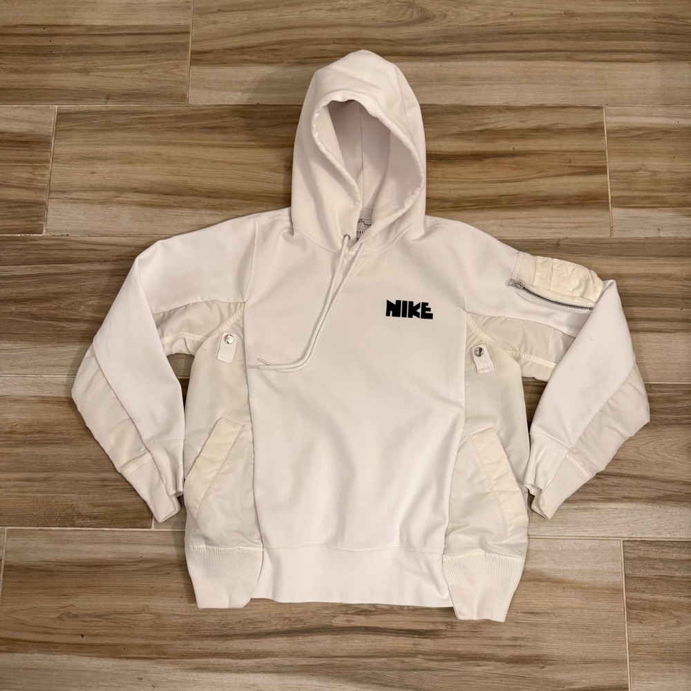 Nike x Sacai White Hoodie Mixed‎ Material Utility Pocket CW2419-100 Mens Small